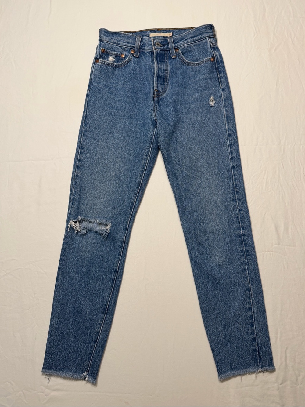 Levi's Wedgie Straight High-Rise Distressed Blue Denim Jeans - Mid Wash